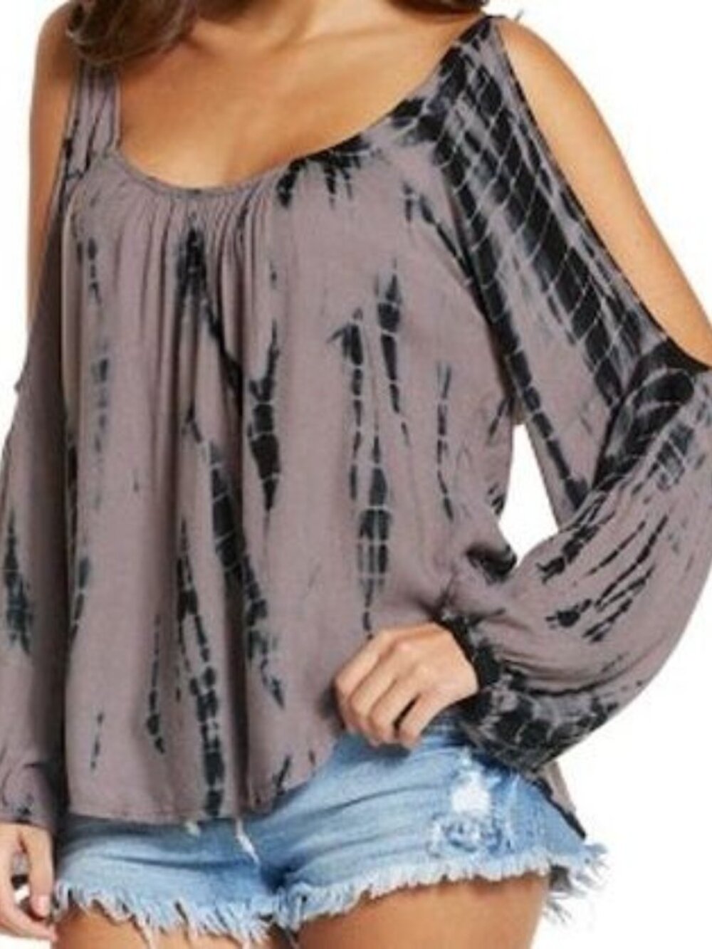Elan grey and black tie-dye cold-shoulder blouse